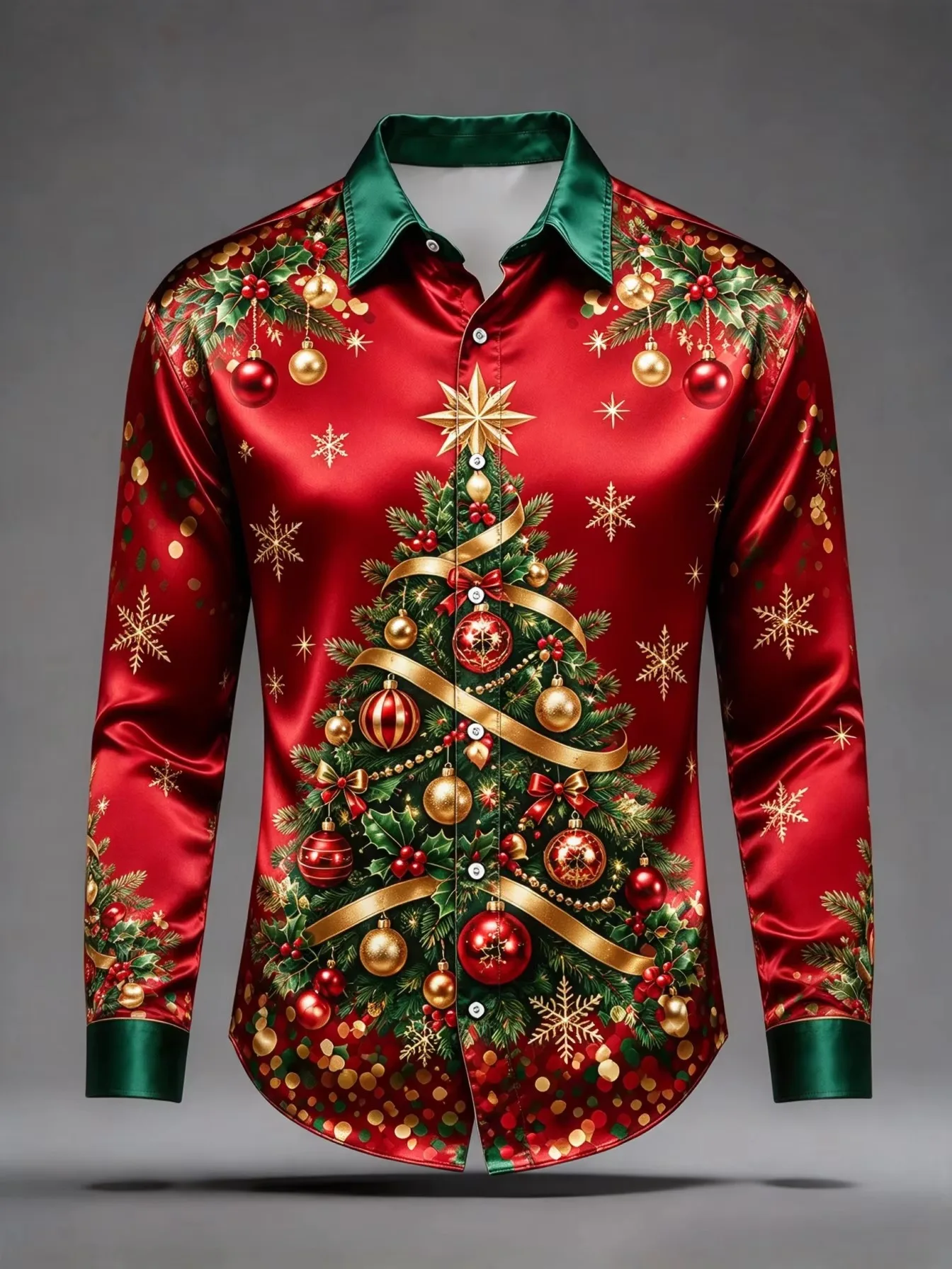 2026 New Men's Long-Sleeve Christmas Shirt Holiday-Themed Print Collared Casual Button-Down Festive Party Street-Style Top