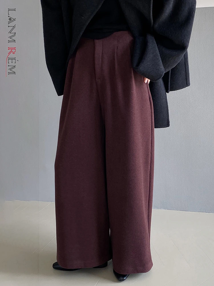 

[LANMREM] Office Lady Wool Pants For Women High Waist Wide Leg Trousers Thick Warm Clothes Female 2024 Winter New 26C1362