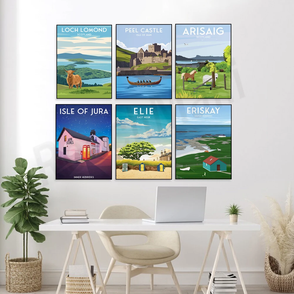Travel poster of Ashton Lane, Isle of Eriskay, Inverkeithing Bay, Isle of Jura, Edinburgh, Loch Lomond, Peel Castle, Erie Beach