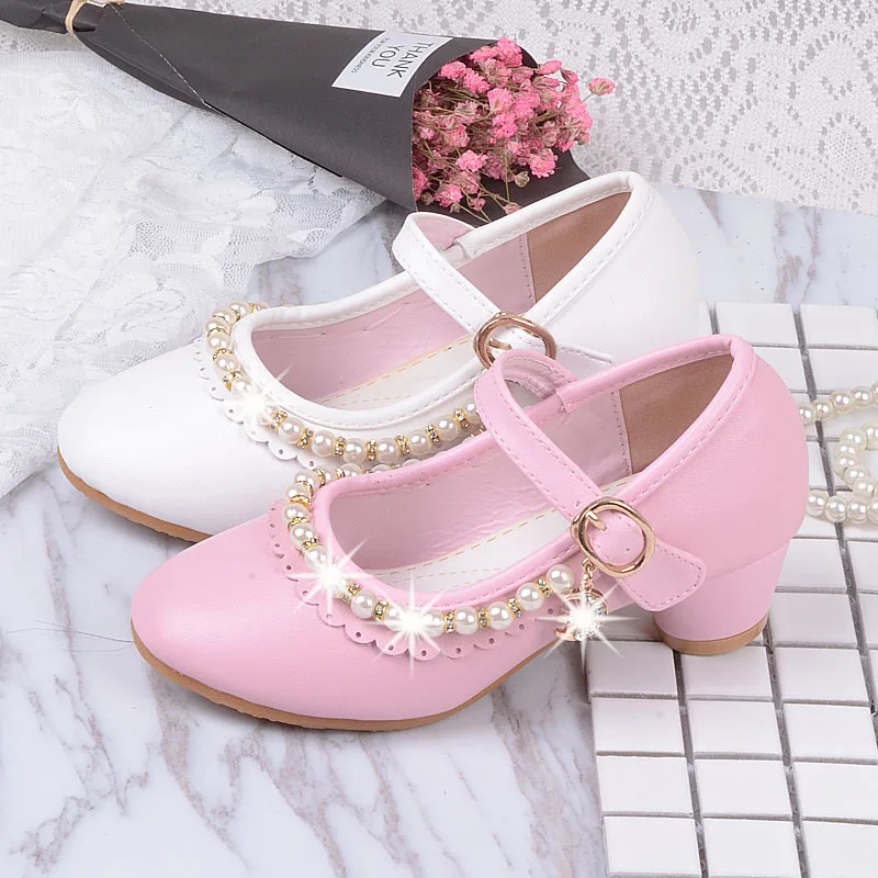 Princess Kids High Heels Shoes Kids Dress Party Leather Shoes Baby Girls Children's White Shoes Enfants Wedding for Girl Gift