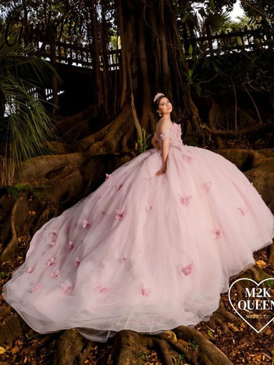 

Розовое платье Quinceanera, бальное платье с бабочкой Sweet 15, 16-летнее платье принцессы, платья de 15 años anos