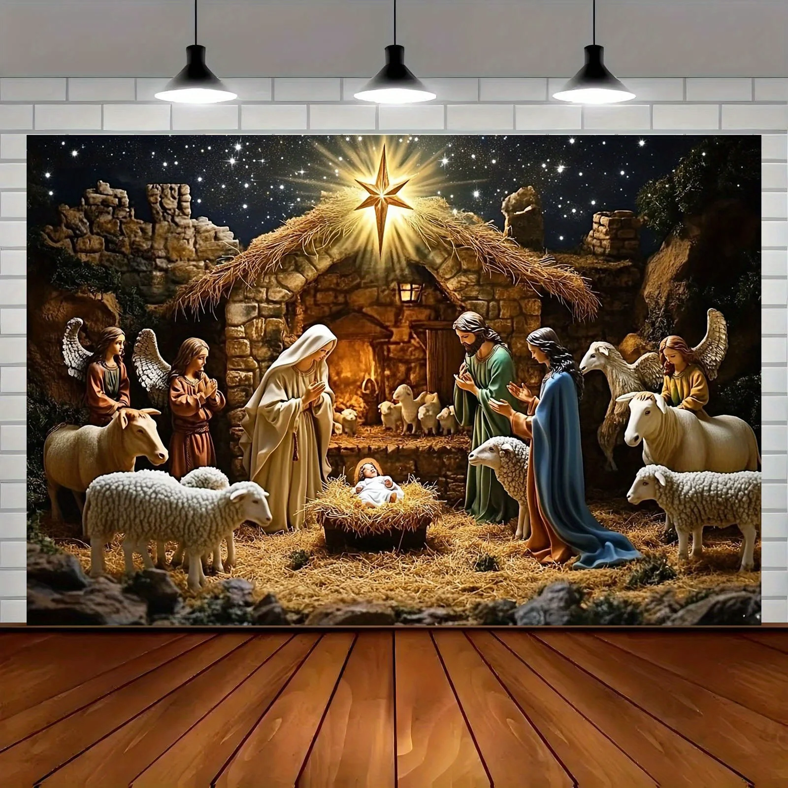 1 piece of Christmas background cloth, a stable scene of Christmas with angels, sheep, and starry night sky