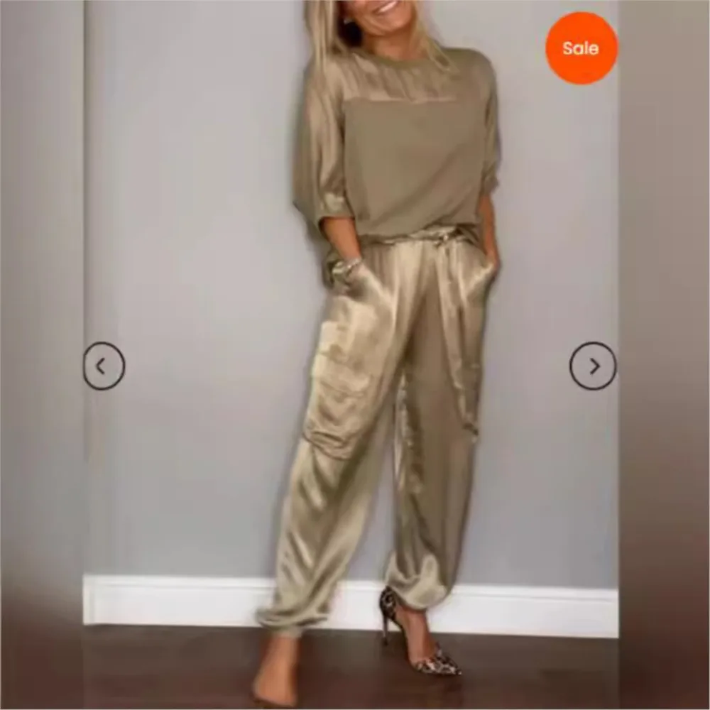 Fashion And Elegant Round Neck Patchwork Shirt And Pants Two-piece Set 2025 Women's Tops Casual Pants Outfits Conjunto Femme