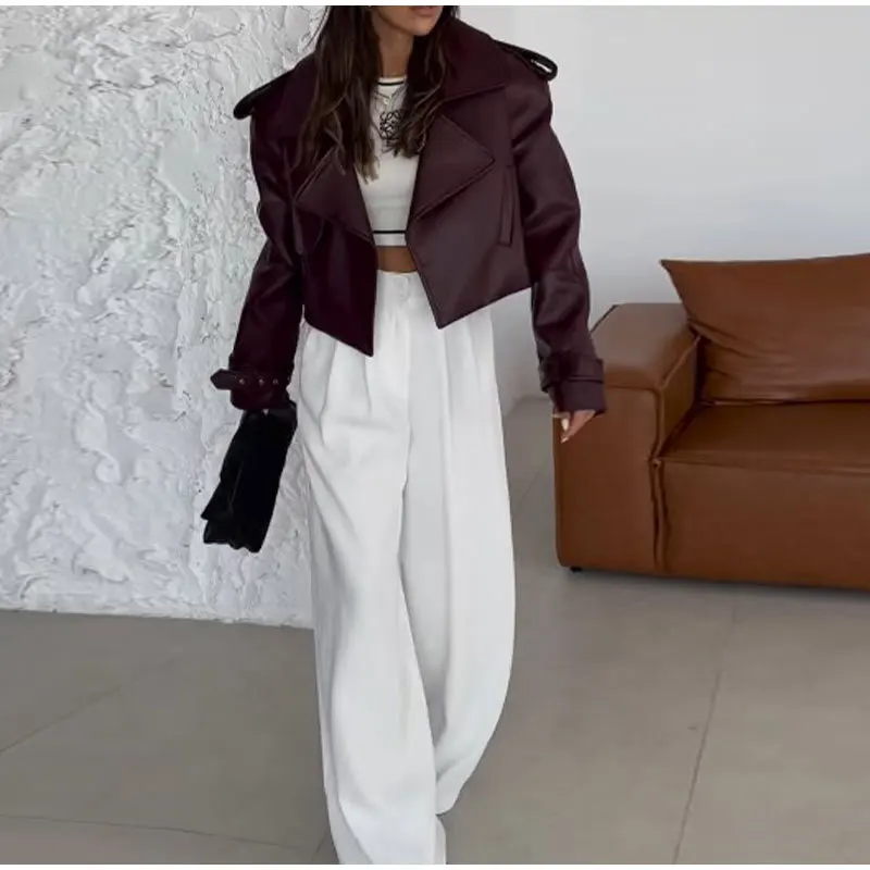 Manteau femme rouge foncé en cuir Pu solide revers veste courte mode poches manches longues manteau court 2025 dame automne Streetwear