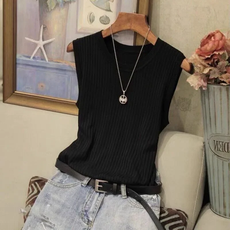 2024 Solid Color Summe Fashion Sleeveless Women Blouse O-neck Knitted Tops Elegant Casual Clothes Knitted Vestrs Tank Top