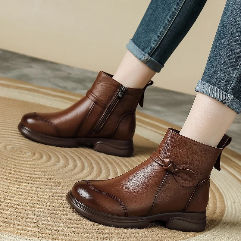 DRKANOL Women Wool Snow Boots 2026 Winter Flats Heel Genuine Cow Leather Side Zipper Round Toe Retro Style Fur Warm Cotton Boots