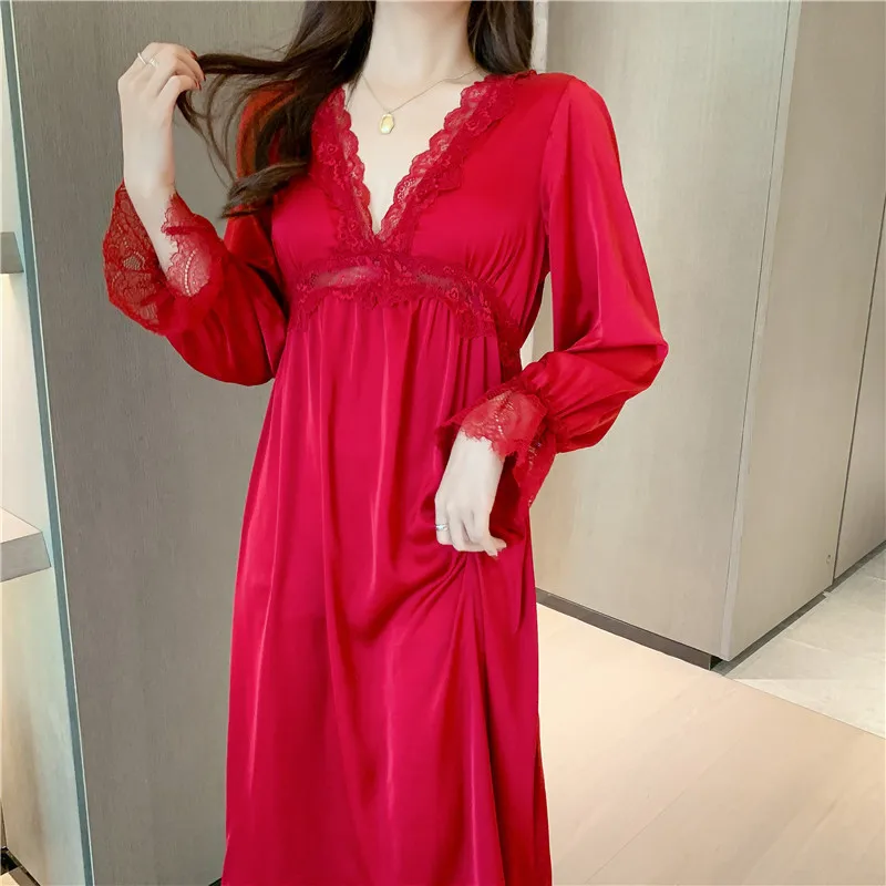 Deep V-Neck Nightgown Sexy Women Satin Sleepwear Palace Nightdress Lingerie Female Kimono Dressing Gown Princess Style Nightwear