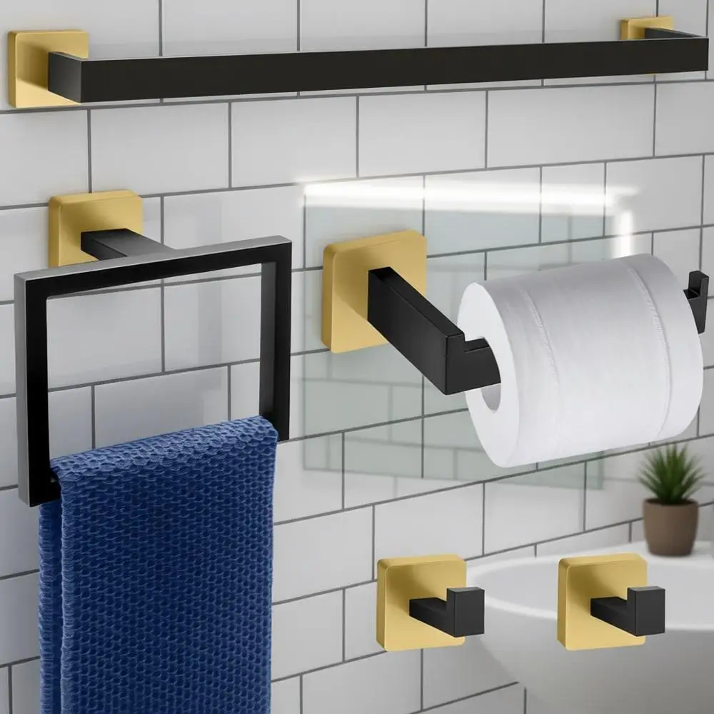 

Набор для ванной комнаты: черно-золотой держатель для полотенец, 2 крючка, настенное крепление из нержавеющей стали, квадратный, 16 дюймов