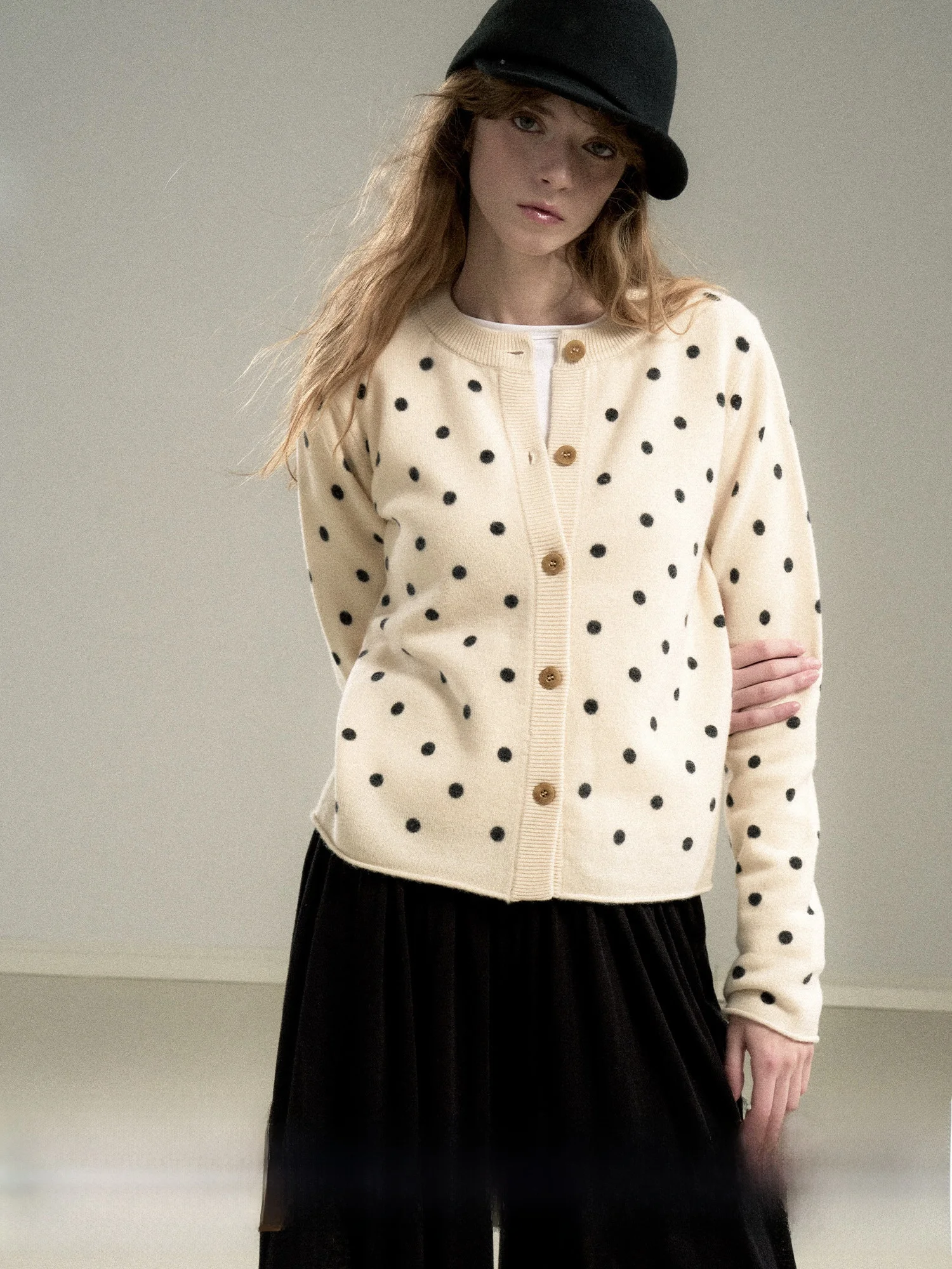 

Retro Color Blo Polka Dot Woolen Knitted Cardigan Women's round Ne Sweater Autumn Winter Loose Fit Commute Sle Long Sve