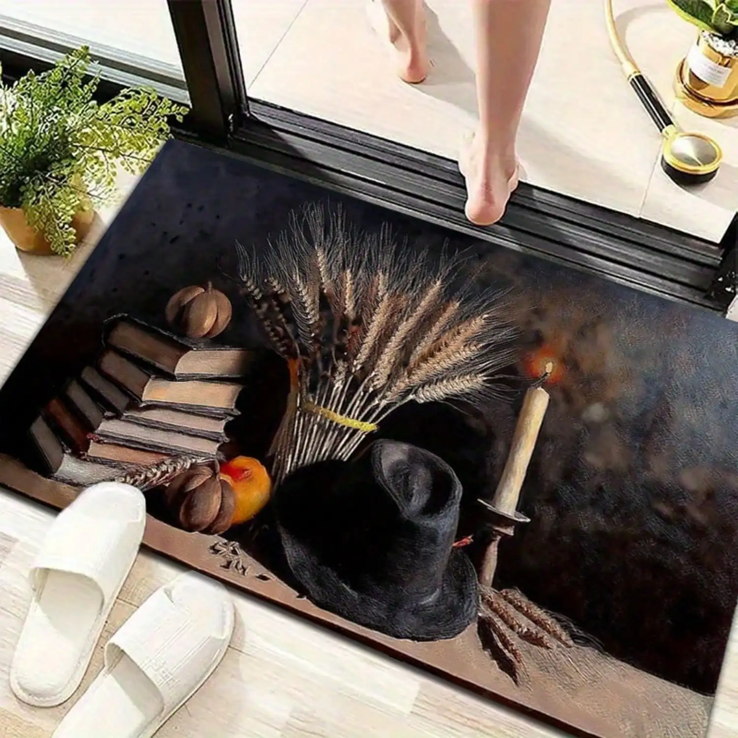 1pc Of Still-Life Oil Artwork Featuring Books, Wheat, A Hat, A Candle, And Fruits, Designed As A Halloween/Christmas Doormat. It Is Soft, Absorbent, Non-Slip