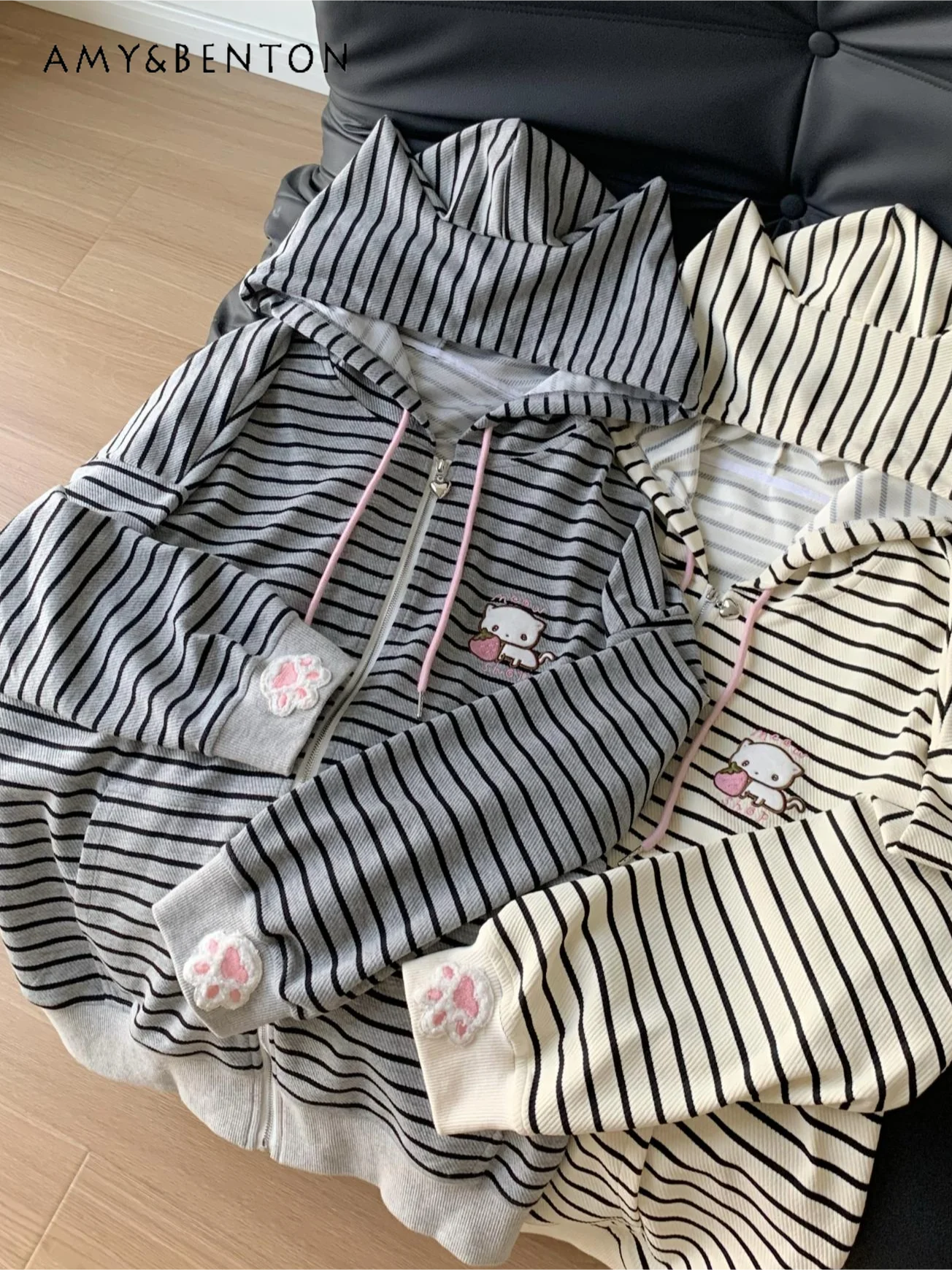 Kawaii Cartoon Embroidery Striped Cute Cat Ear Y2K Hoodies Women Spring Autumn New Sweet Girly Style Loose Casual Zip Up Hoodie