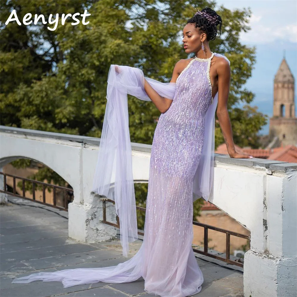 Aenyrst Purple Exquisite Sequined Pearls Prom Dresses Beading O-Neck Sleeveless Evening Gowns Floor Length Formal Occasion Dress