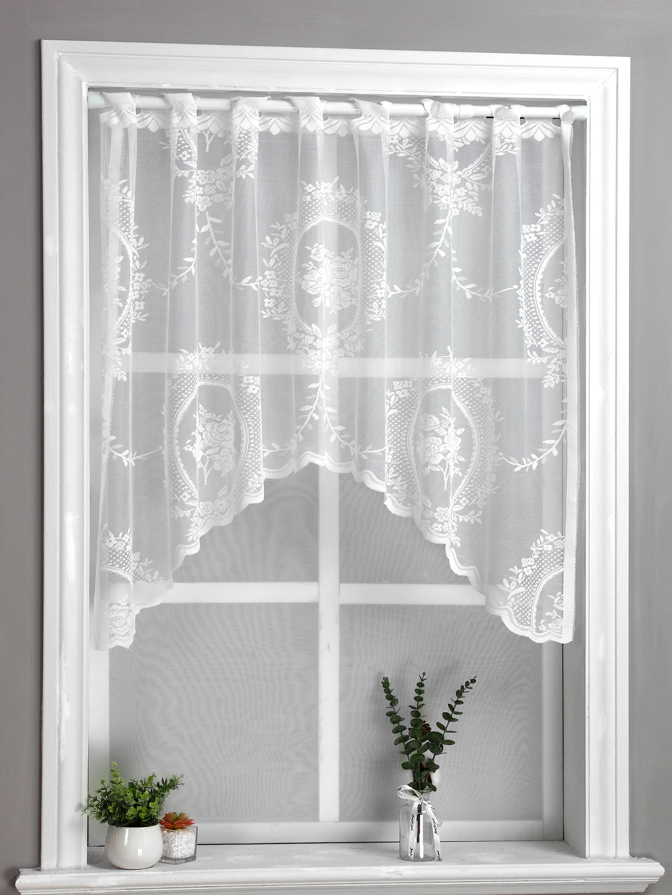 1PC White Lace Window Curtain，Sweet Style Flower Sheer Valance for the Kitchen Window and Door Decor and Blocket