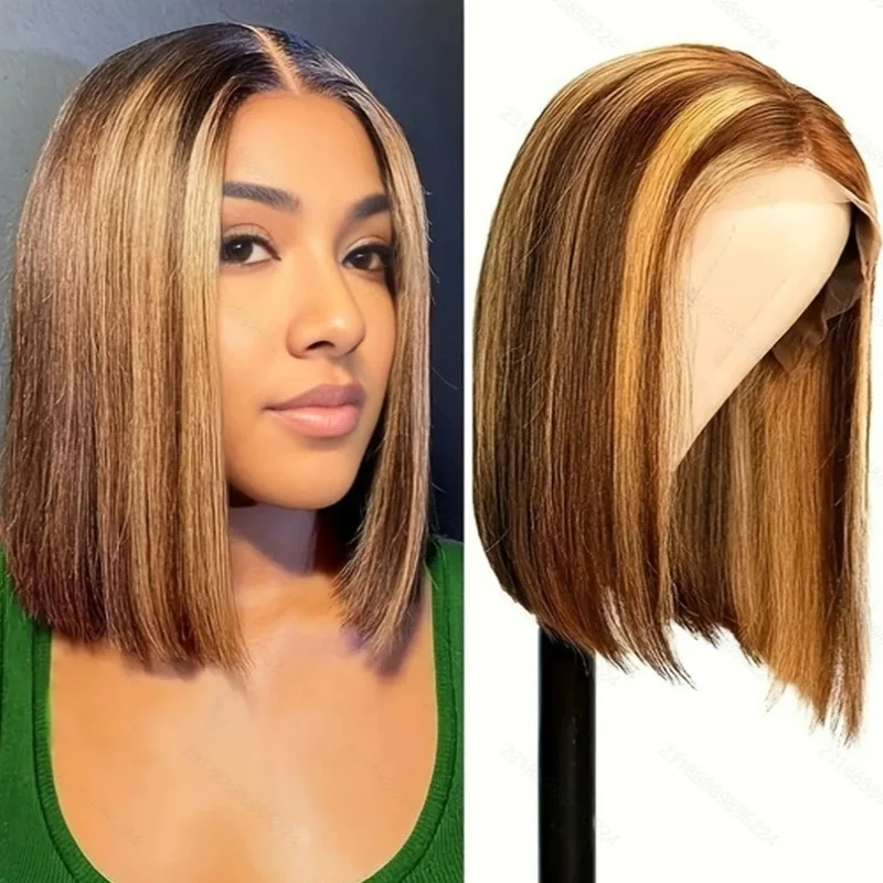 SIMMEL Ombre 4x4 Lace Closure Wig Highlight Colored Human Hair Wigs Highlight Brown Bob Wigs Straight Remy Hair 180 Density
