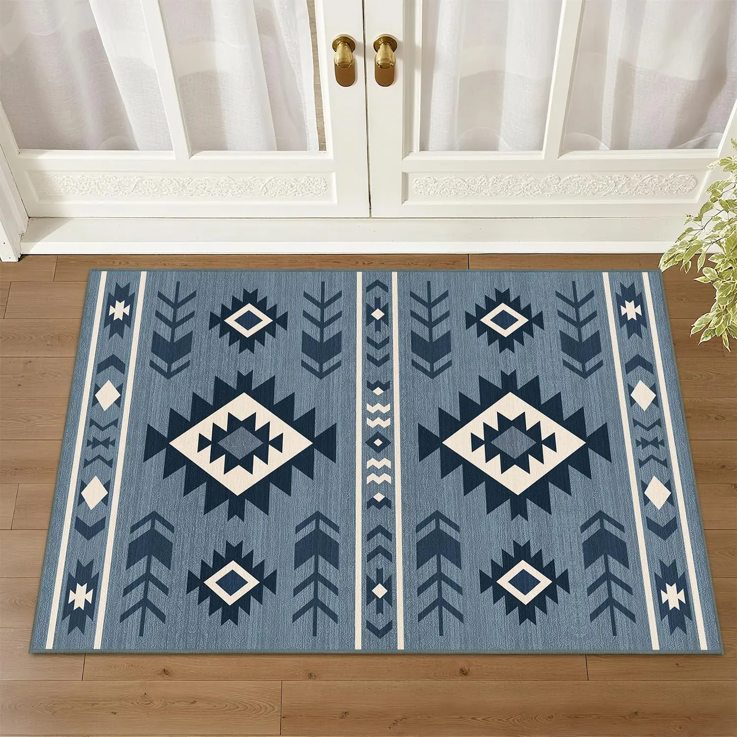 Blue Geometric Tribal Door Mat, Boho Aztec Pattern Floor Mat, Non-slip Entrance Rug, Modern Farmhouse Home Decor for Living Room