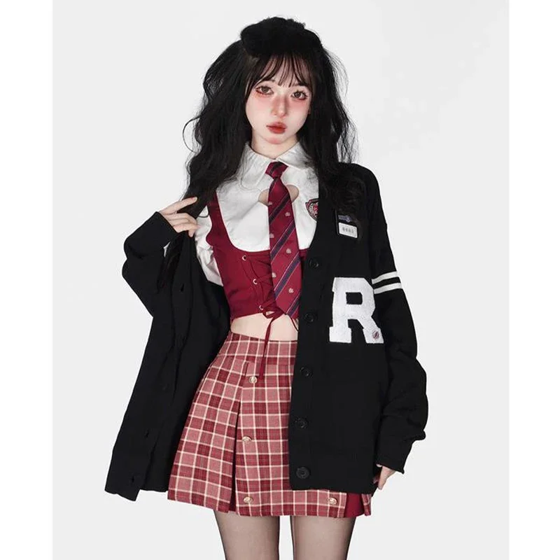 Britse Student Uniform College Nep Twee Shirt Jk Geplooide Mini Rok Dames Lente Herfst Club Outfits Sexy Korte Rok Sets