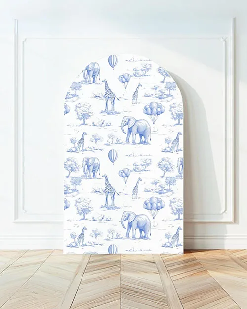 Mehofond Custom 2-Sided Safari Elegant Blue Toile De Jouy Birthday Party Baby Shower Cover Chiara Arch Wall Decor Backdrop Photo