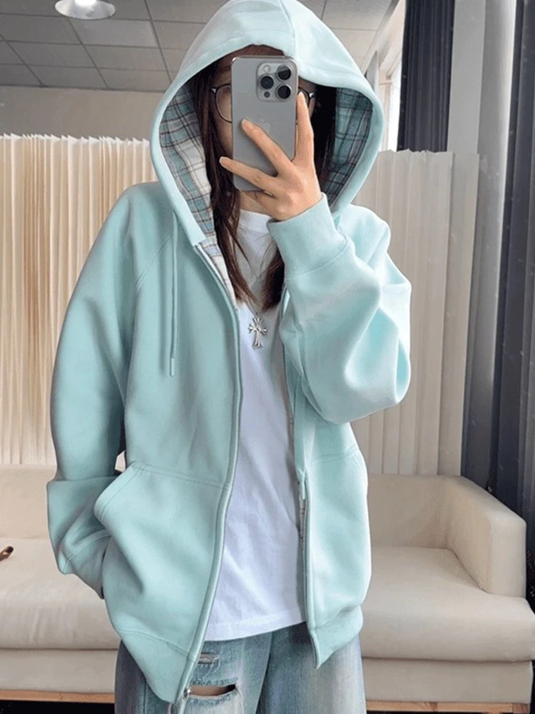 

Dopne Mint een Plaid Spliced Open Cardigan Sweatirt ex Autumnal Heavyweight Lazy Couple Hat Jaet Outerwear