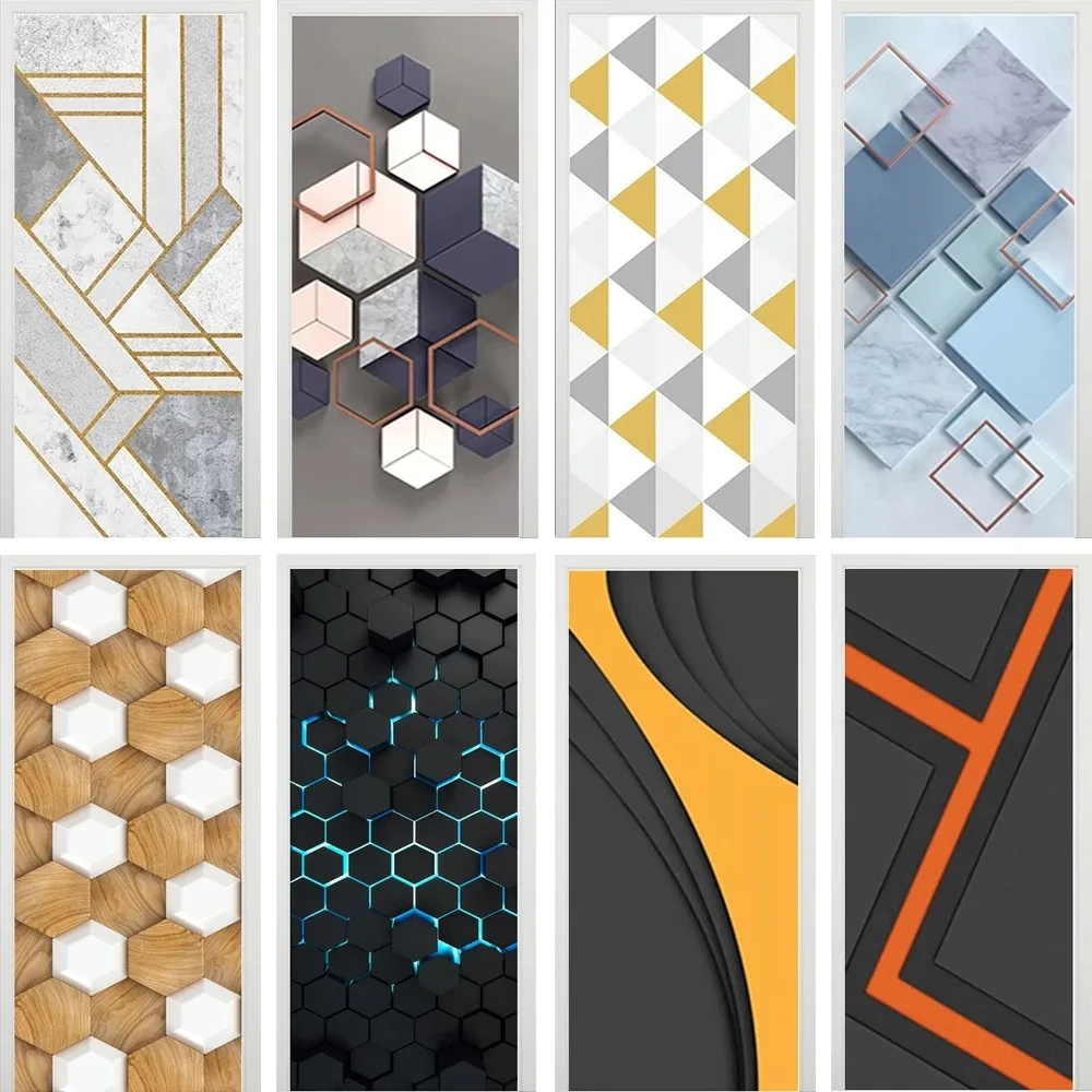 3D Geometric PVC Door Sticker Self Adhesive Gray Cool Stylish Full Door Wrap Cover Wallpaper Waterproof - Custom Size & Graphic
