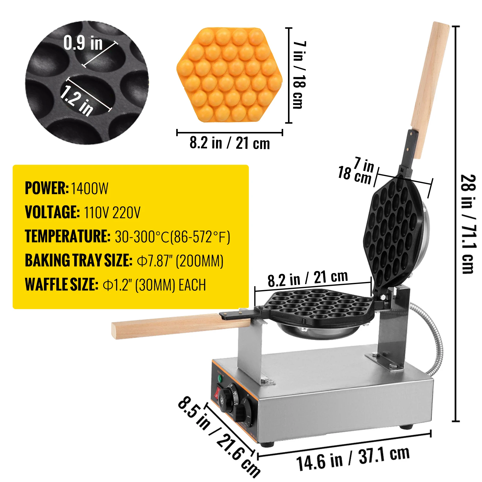 VEVOR Commercial Bubble Waffle Maker with 180° Rotatable 2 Pans & Wooden Handles Egg Bubble Maker Easy to Clean for Home Use