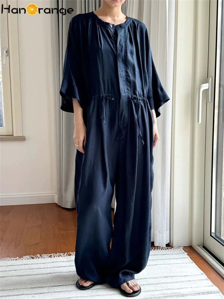 HanOrange 2024 Summer Lazy Slightly Transparent Lyocell Linen Jumpsuit women Comfortable Breathable Loose Casual Jumpsuit Navy