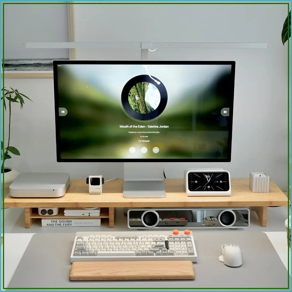 Bamboo Dual Monitor Stand Riser, 2-Tier Desk Riser for 2 Monitors, Supports PC, Printer, Heavy TV up to 300 lbs