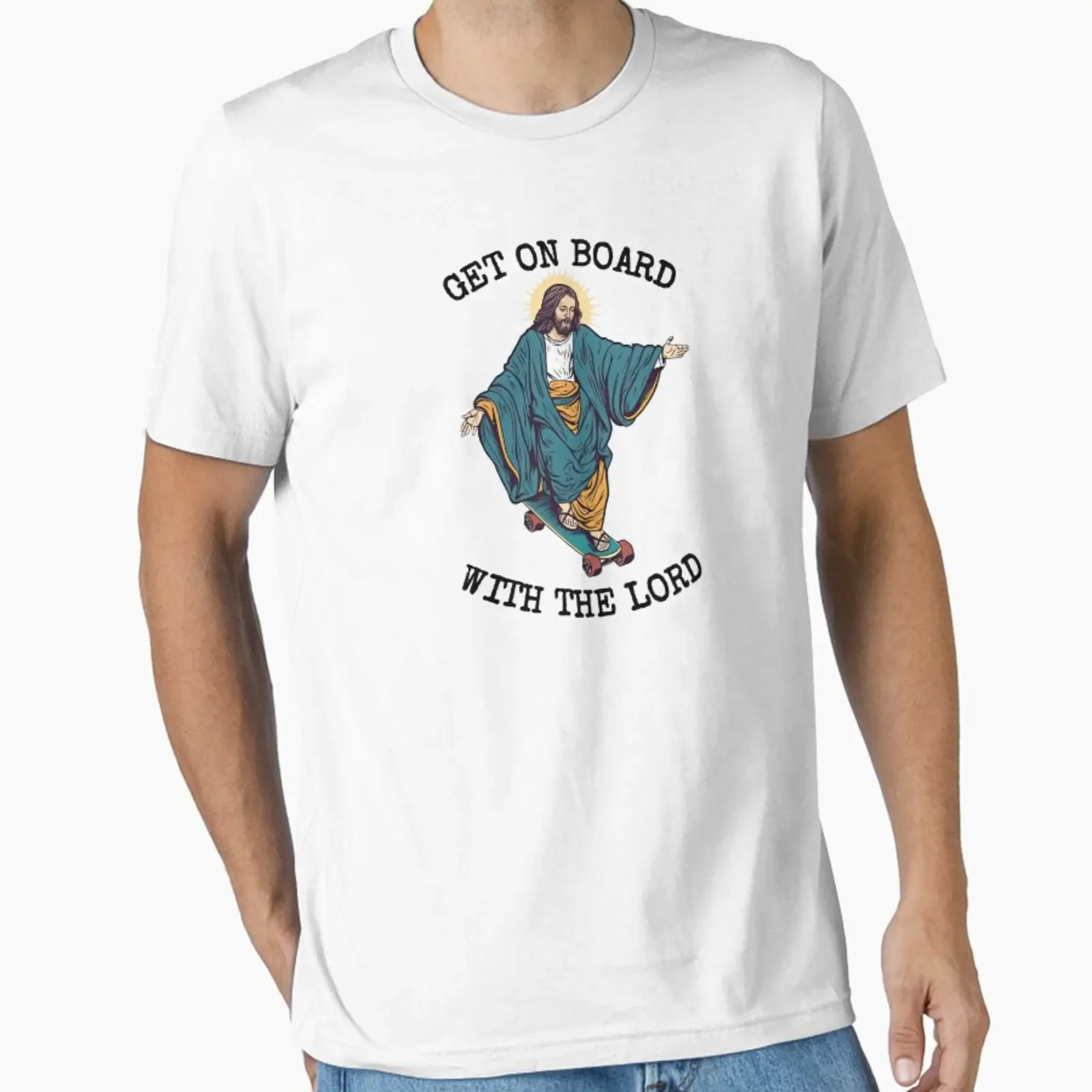 Funny Christian Skateboarding Humor Get On Board With The Lord Sarcastic Jesus Skating Longboard Essential T Shirt vintage