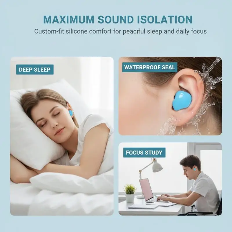 12Pcs/Box Washable Soft Silicone Ear Plugs Reusable Flexible Noise Reduction for Sleeping Snoring Air Travel
