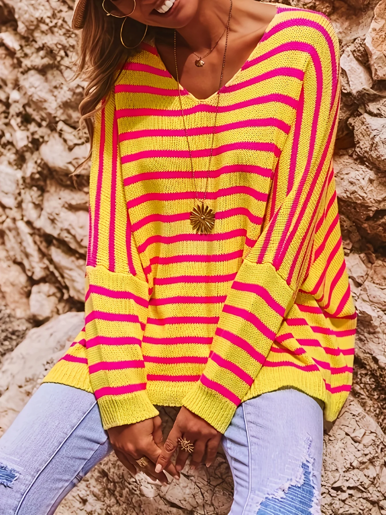 Damen Rundhals-Freizeitstrickpullover Vielseitig für Frühling und Herbst Gestreifter Bequemer Strickoberteil