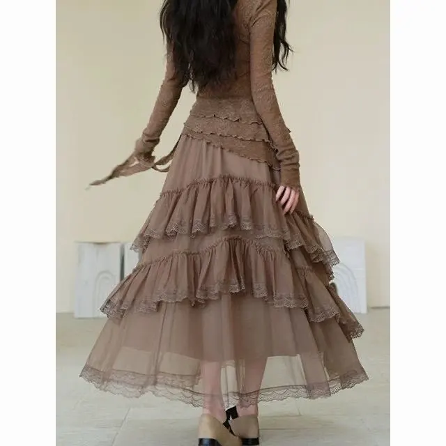 French Vintage Tiered Lace Maxi Skirt Women Irregular Ruffle Tulle Aesthetic Layered Cake Skirt Boho Chic Flowy Long Skirt