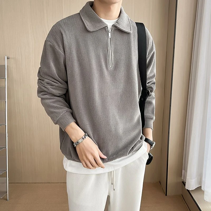 Fall Corduroy Long Sleeve Men Polo T Shirts Casual Harajuku Fashion Oversized Pullovers White Black Grey Hip Hop Punk Streetwear