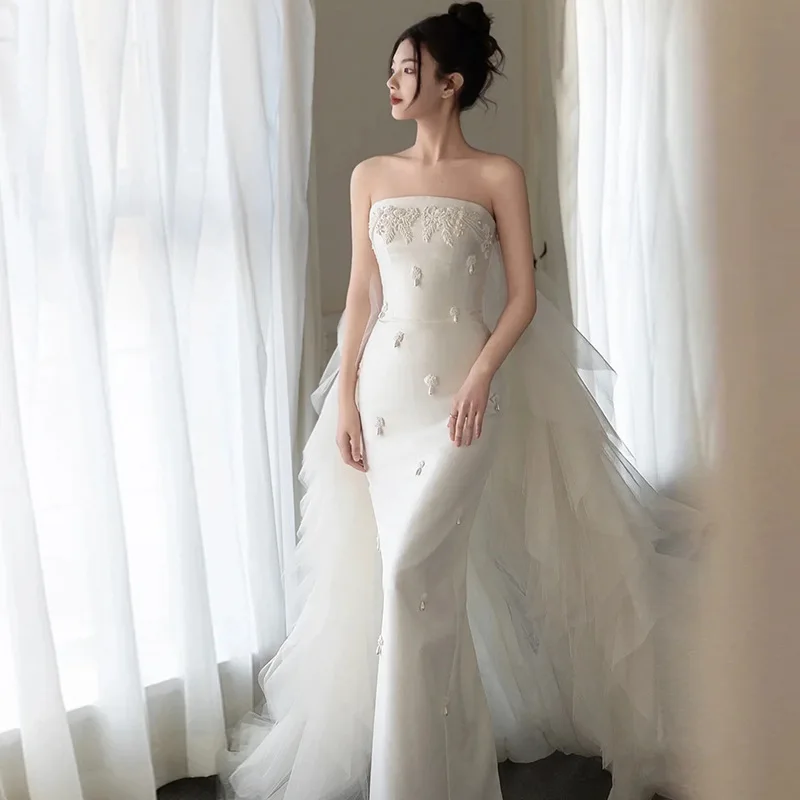 

French Strapless Light Wedding Dress With Satin Texture Fishtail Skirt Welcome Veil Engagement Banquet Dress Customized