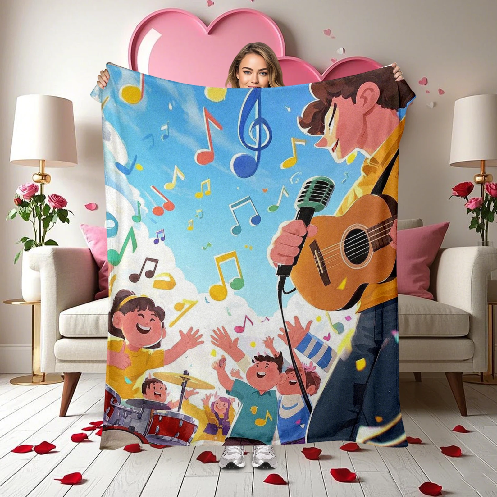Cartoon Crowd Playing With Musical Notes Blanket, Captures Festival Joy. Ideal For Family, Friends Or Kids.