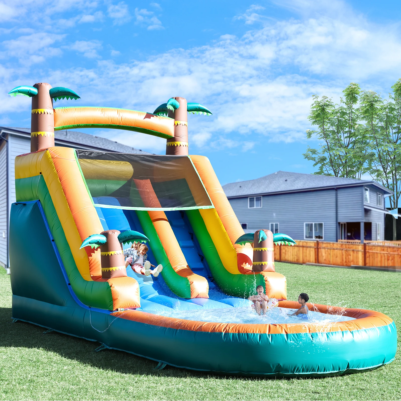 21FT Kommerzielles aufblasbares Hüpfhaus Tropische Wasserrutsche Pool 750W Gebläse Kinderspielplatz, Kinderspielzeug