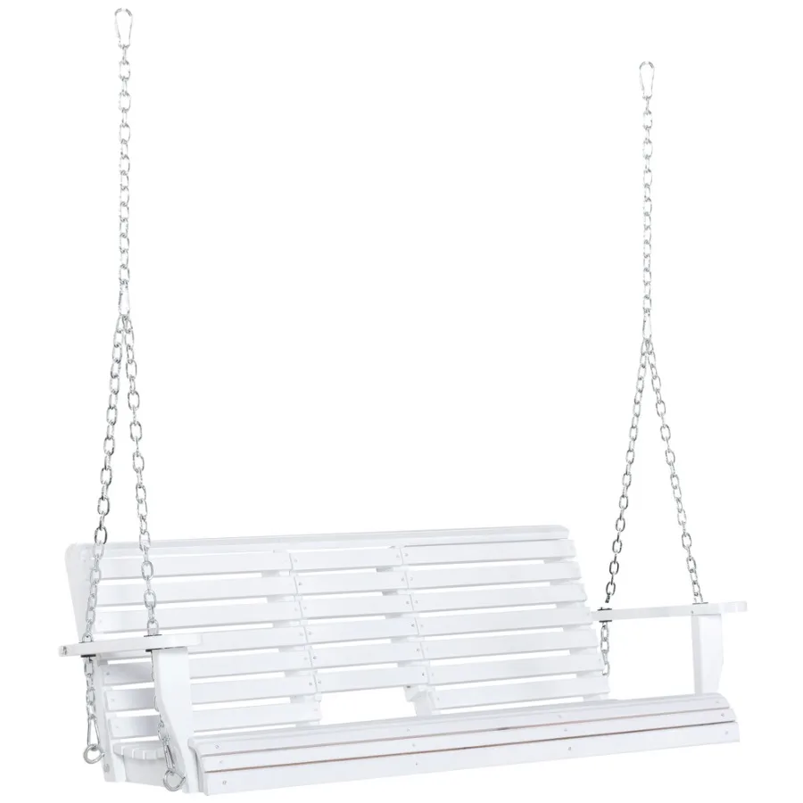 

3Person Wooden Porch Swing with Folding Coffee Table Cup Holders Chains White