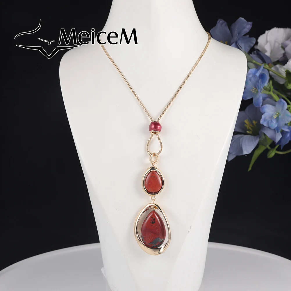 MeiceM Luxurious Rhinestone Inlaid Zinc Alloy Long Pendant Necklace Large Geometric Necklace For Women Girls Holiday Gift