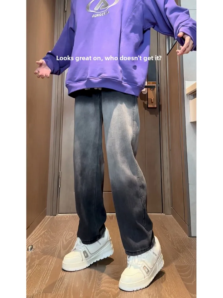 

Американские мужские джинсы двухцветные, весенне-осенние, свободные, прямого кроя, широкие брюки, в стиле High Street, длинные штаны