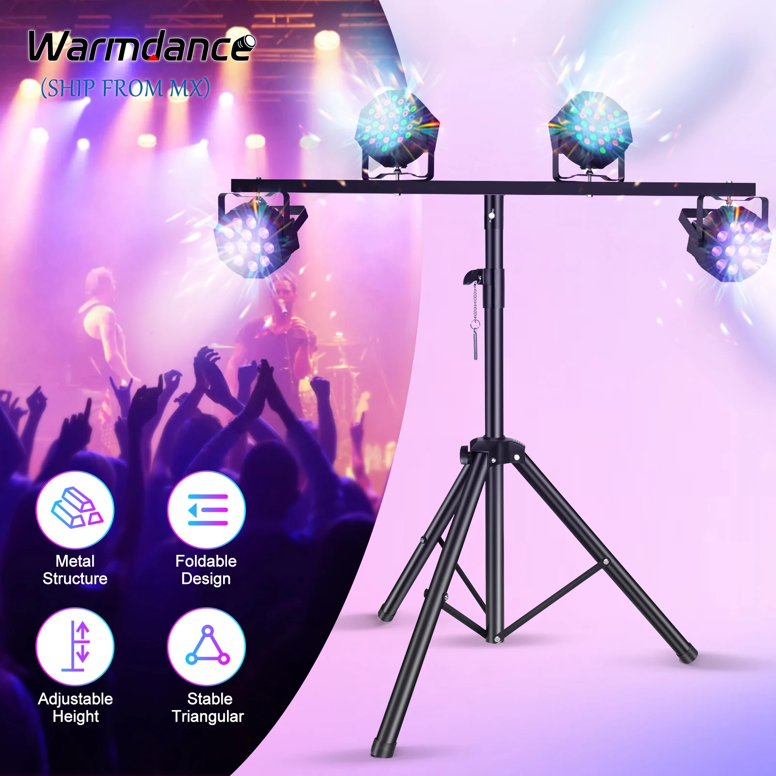 Pro Audio DJ Adjustable Tripod Stand with Top T Bar for Par Cans Wash or Universal Lighting Fixtures