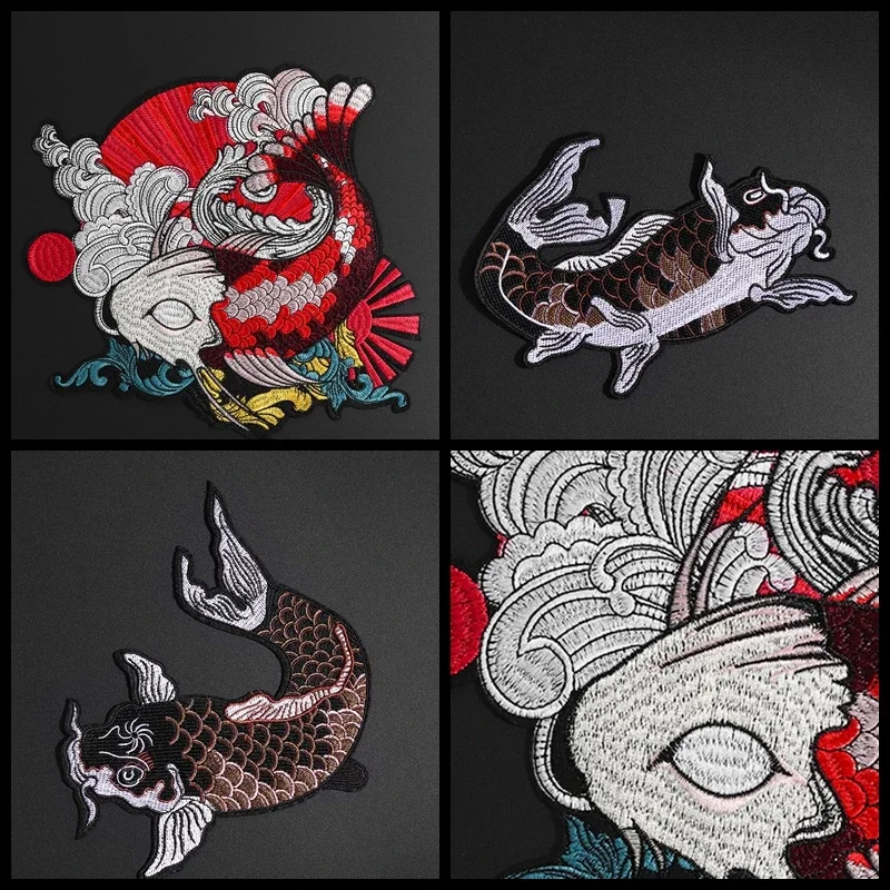 Red Luck Carp Design Embroidered Patches For Clothes Japanese Style Fish Appliques For Shirts DIY Handmade Sewing Craft Decor