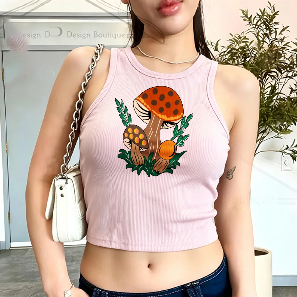 Harajuku Y2K Soft Girl Vintage Forest Mushroom Leaf Print Women Ribbed Crop Tank Kawaii Retro Daily Camiseta Mujer Crop Tops
