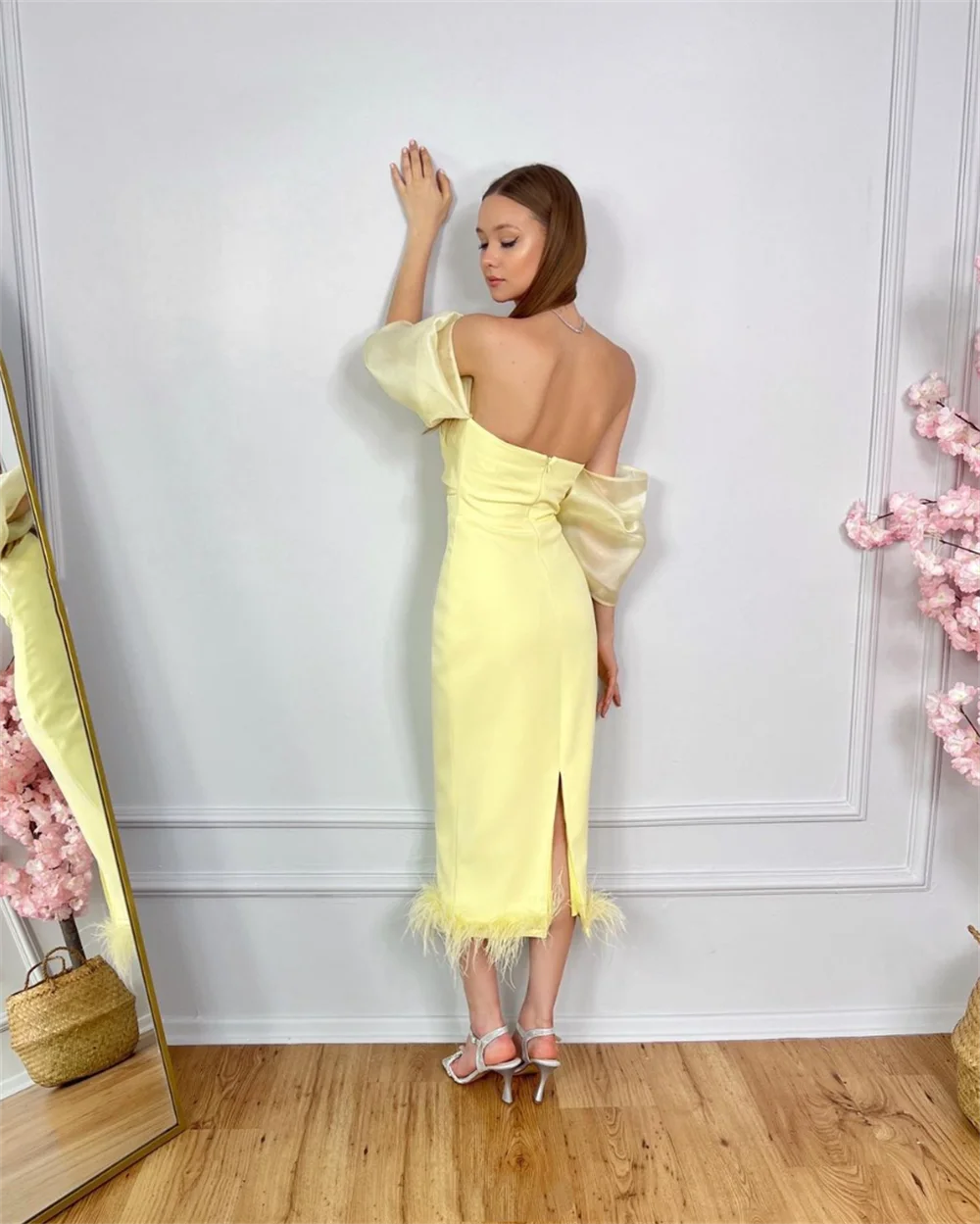 Annie Elegant Ladies Yellow Prom Dresses Organza Feathers Evening Dresses Wedding Formal Occasions Party Dresses Robes De Soirée