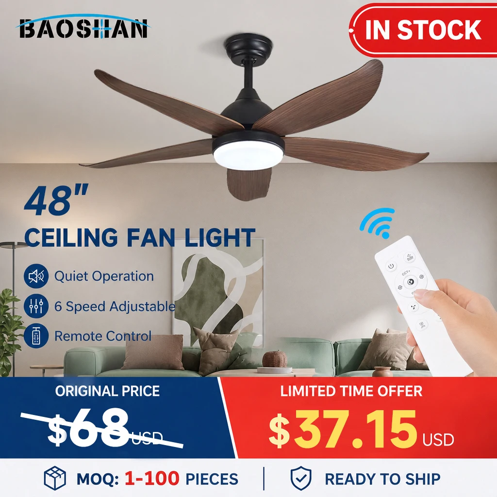 Ready to Ship Promotional Price Modern Indoor Living Room DC Motor 48inch 5 ABS Blades Remote Control Mute Led Ceiling Fan Light