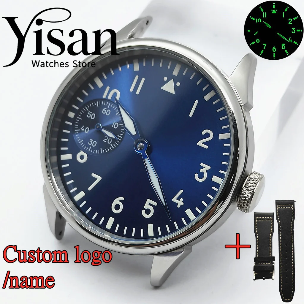 Reloj DIY de 42 mm con movimiento de cuerda manual ST3600, cristal de zafiro, correa de cuero, reloj para hombre, esfera digital negra, luminoso verde