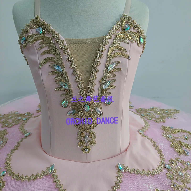 Women nude pink V-neck spaghetti strap corset professional tutu ballet costume gilded feather rhinestone embroidery light pink g view 6