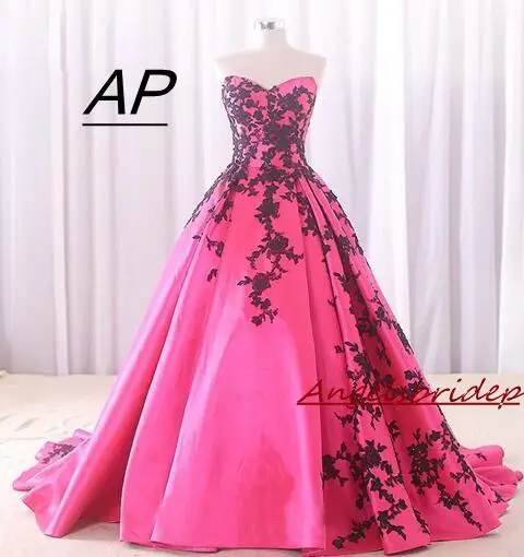 

ANGELSBRIDEP Hot Pink Satin Sweetheart Ball Gown Quinceanera Dress Black Appliques Contrast Color Party Prom Dresses Corset Hot