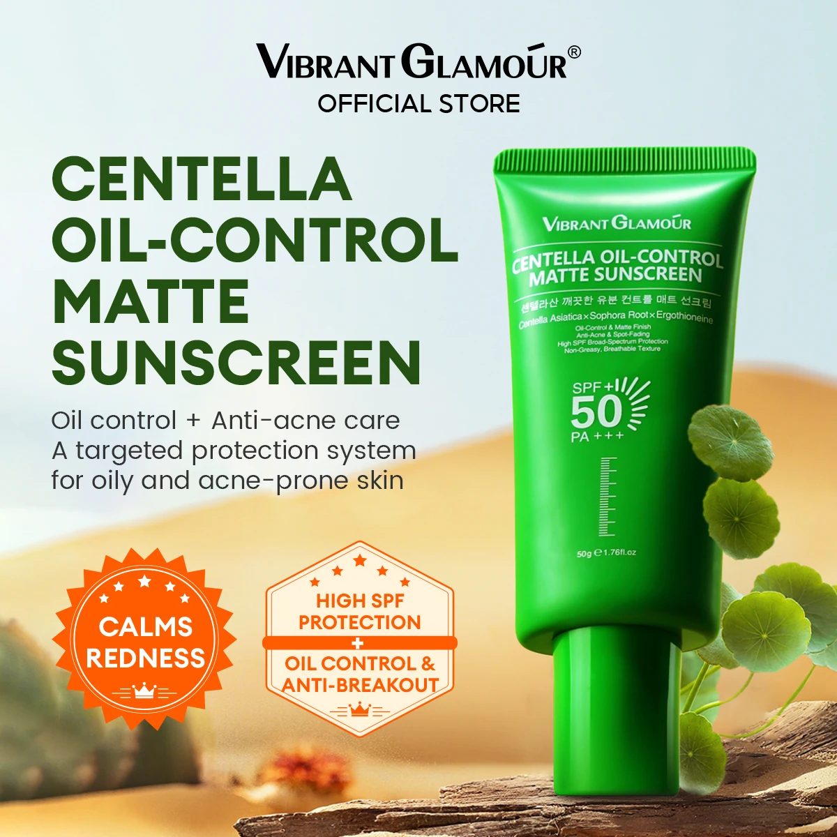 vibrant-glamour-cica-creme-solaire-mate-pour-controle-de-l'huile-spf50-pa--peau-resistante-a-l'acne-et-grasse-sur-apaisante-et-soulage-les-rougeurs-50g
