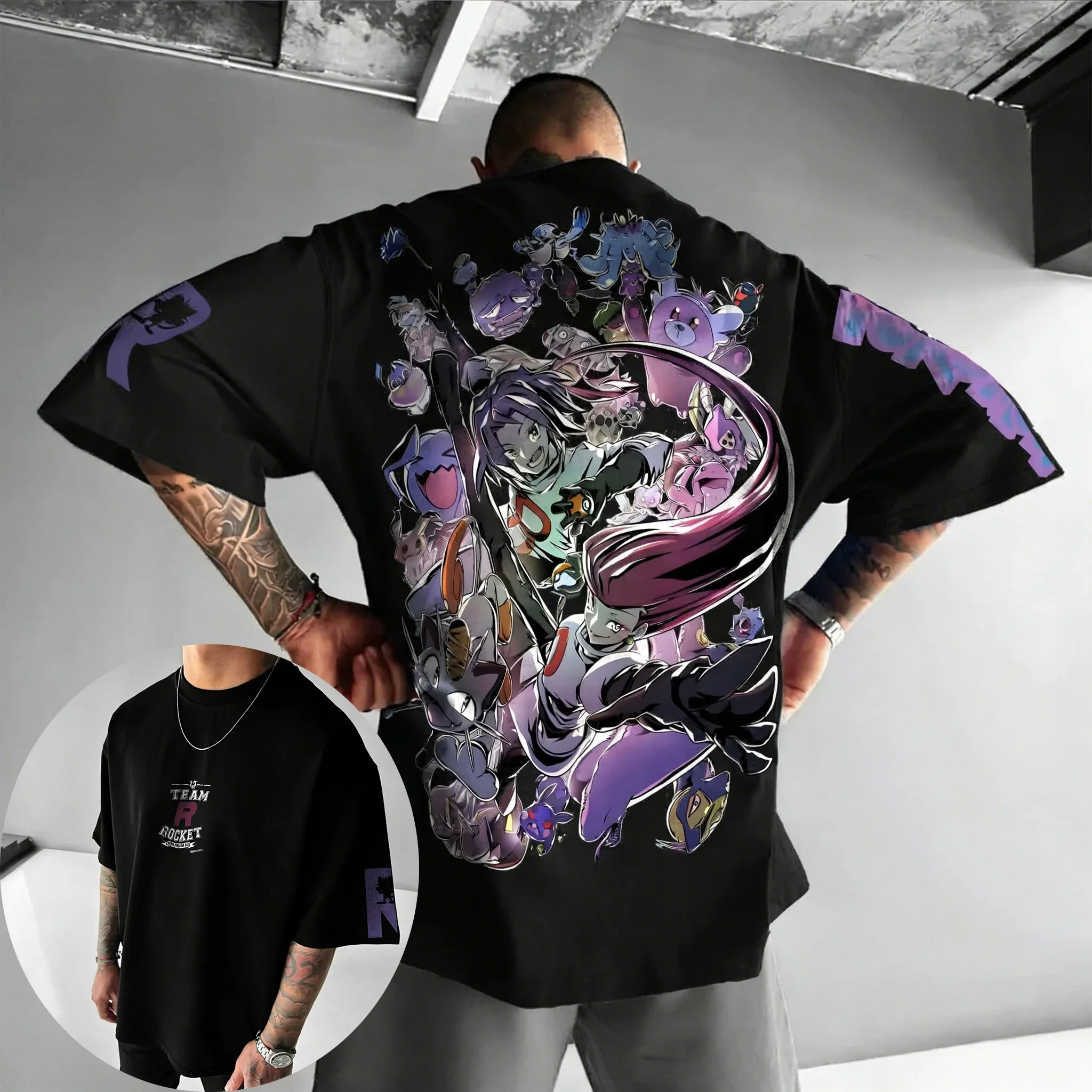 

Pokemon Anime Team Rocket Printed T-shirt Summer New Men's and Women's Loose Casual Street Hip Hop Cotton Short Sleeve Top