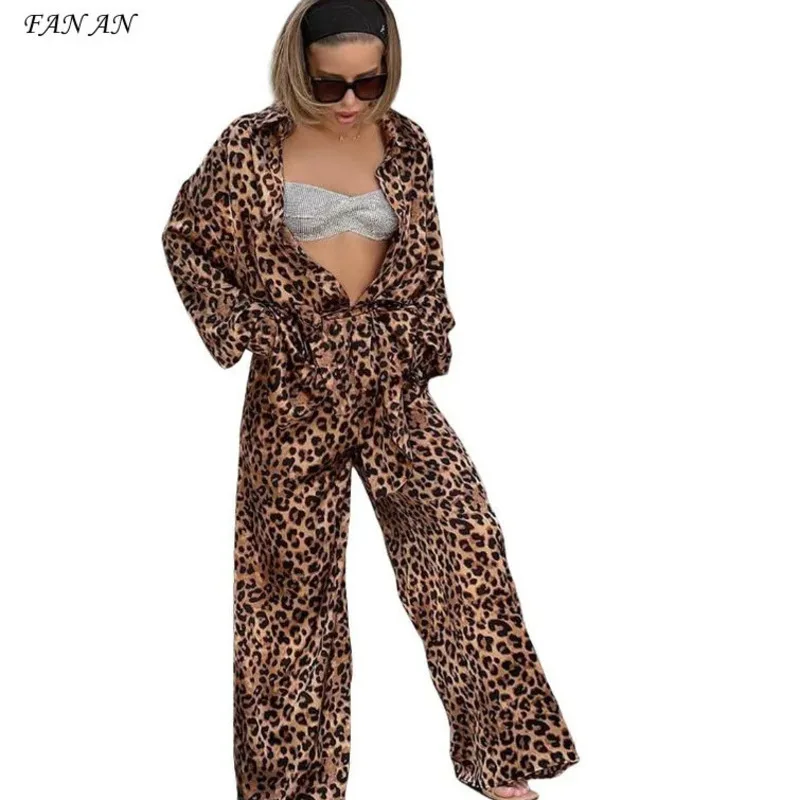 2024 Summer Pre-fall Street Fashion Leopard Print Suit Female Niche Loose Long-sleeved Shirt Trousers Two-piece Women's Wear