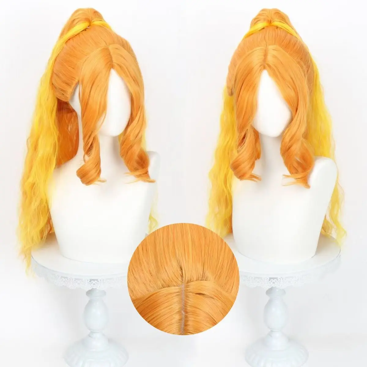 Adagio Dazzle Cosplay Wig, Matte High Temperature Fiber Orange Yellow Gradient Long Curly Ponytail Wig for Halloween Comic Con