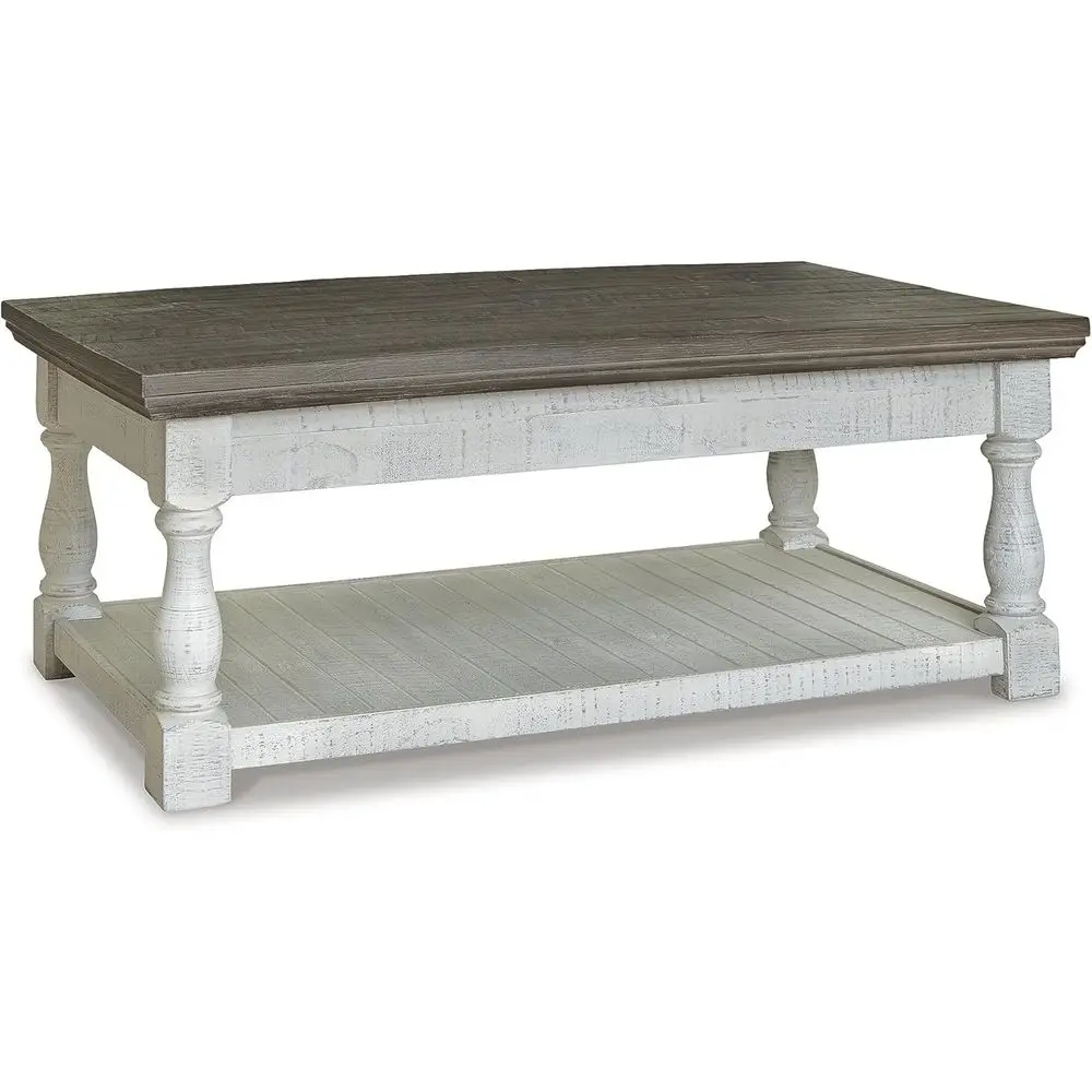 Farmhouse Lift Top Coffee Table with Fixed Shelf and 2 Hidden Storage Trays, Gray & White with Weathered Finish